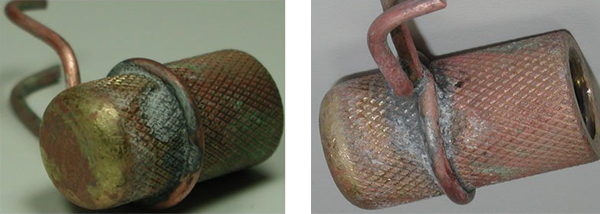 Hình ảnh trước và sau khi làm sạch chất gây cháy (chứa axit) trên vật liệu đồng