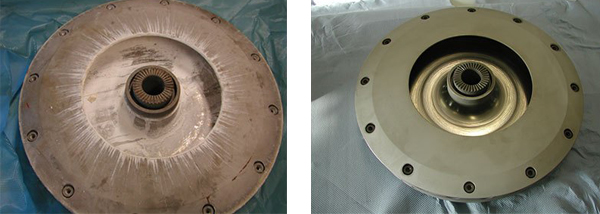 Hình ảnh trước và sau khi làm sạch muối và vôi trên đĩa phun titan (400 mm)