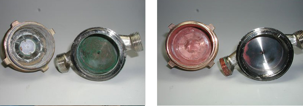  Hình ảnh trước và sau khi làm sạch vôi và gỉ đồng bám trên đồng hồ nước (bằng đồng thau & đồng thau phủ niken)