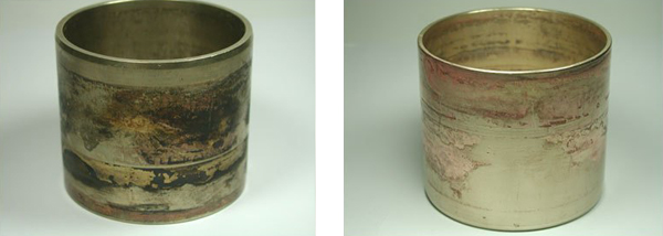 Hình ảnh trước và sau khi làm sạch vết cháy do dầu trên ống thủy lực bằng đồng thau