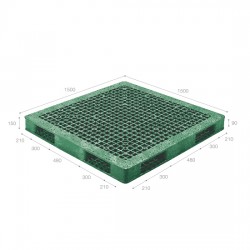 Pallet nhựa xanh lá H1515R4 – 1A (1500 x 1500 x 150 mm)