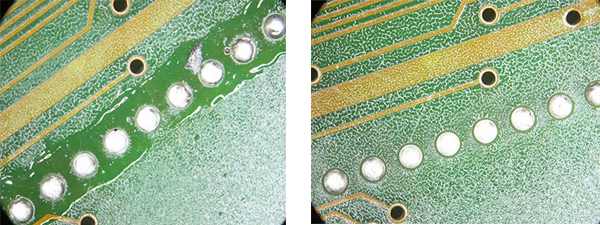 Hình ảnh trước và sau khi làm sạch chất gây cháy trên bảng mạch in (PCB) sau khi hàn tay Hình ảnh trước và sau khi làm sạch chất gây cháy trên bảng mạch in (PCB) sau khi hàn tay